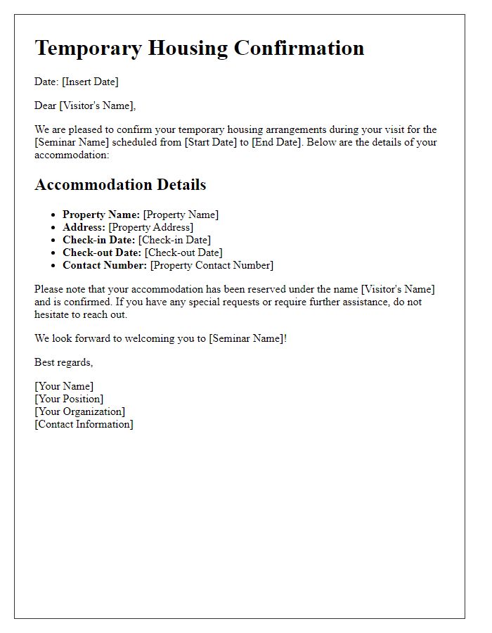 Letter template of temporary housing for seminar visitors