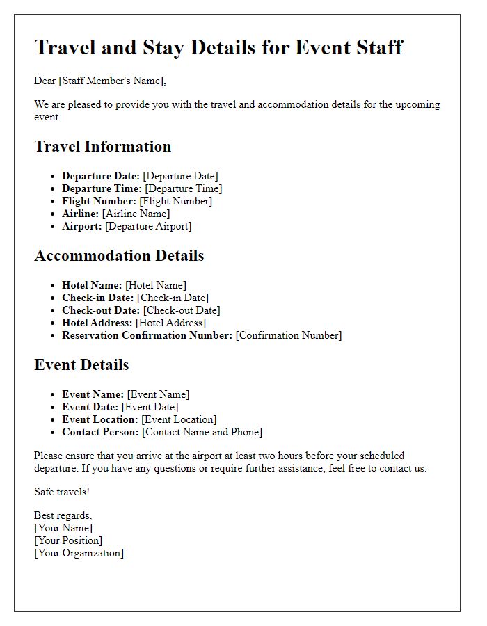 Letter template of travel and stay details for event staff