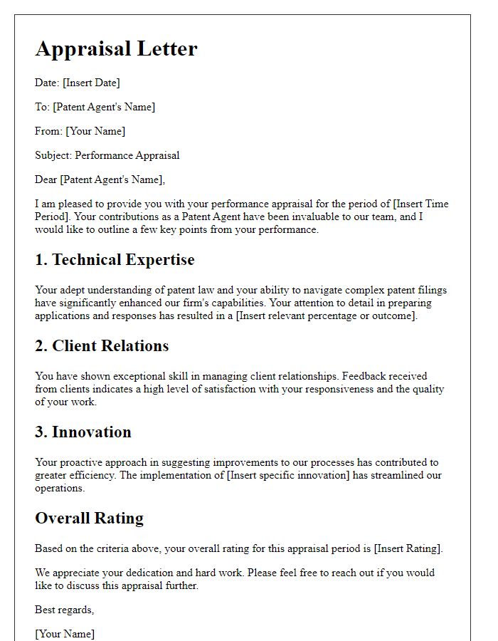 Letter template of appraisal for a patent agent