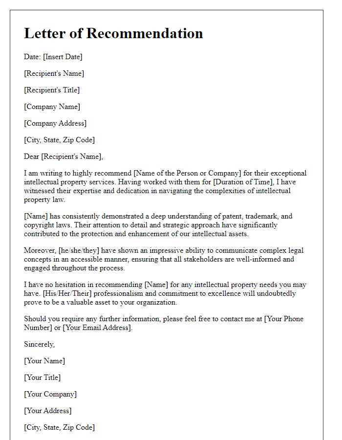 Letter template of recommendation for intellectual property services