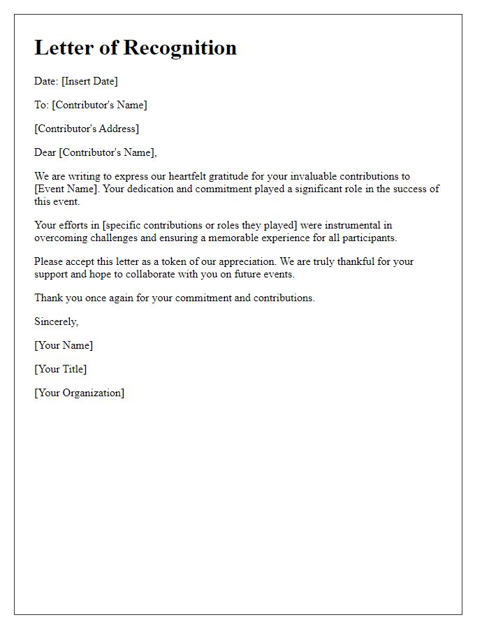 Letter template of recognition for event contributors.