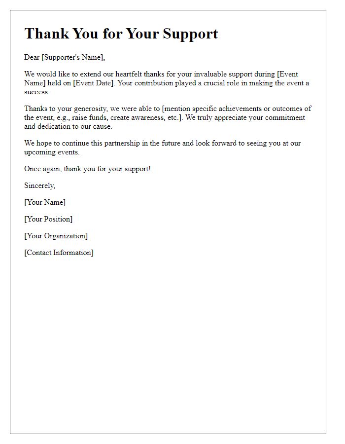 Letter template of thanks to event supporters.