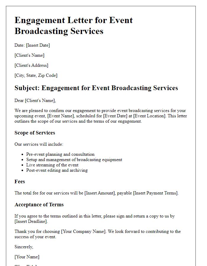 Letter template of engagement for event broadcasting services