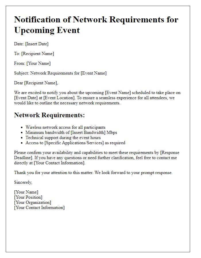 Letter template of notification for event network requirements