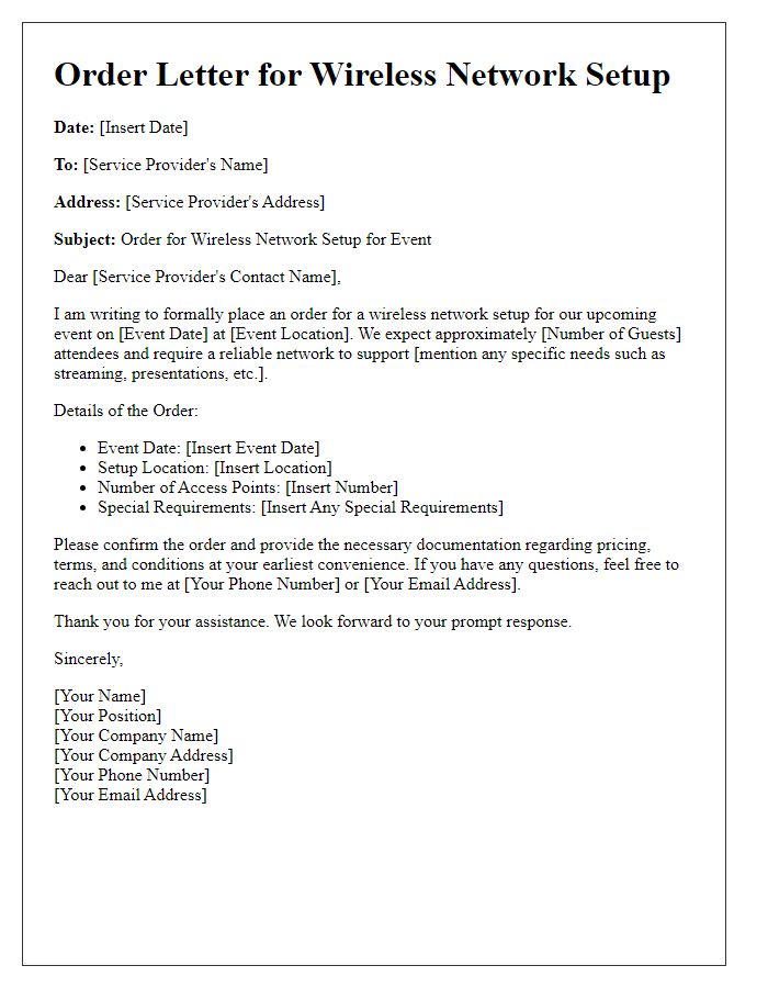 Letter template of order for event wireless network