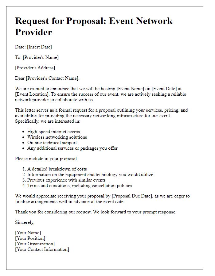 Letter template of request for event network provider proposal