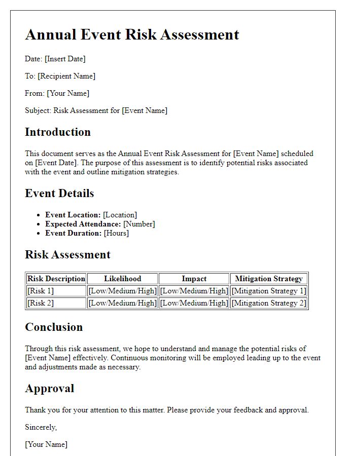 Letter template of Annual Event Risk Assessment