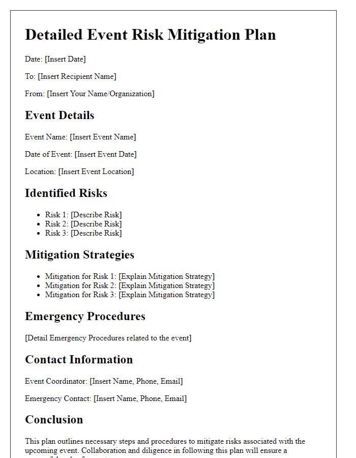 Letter template of Detailed Event Risk Mitigation Plan