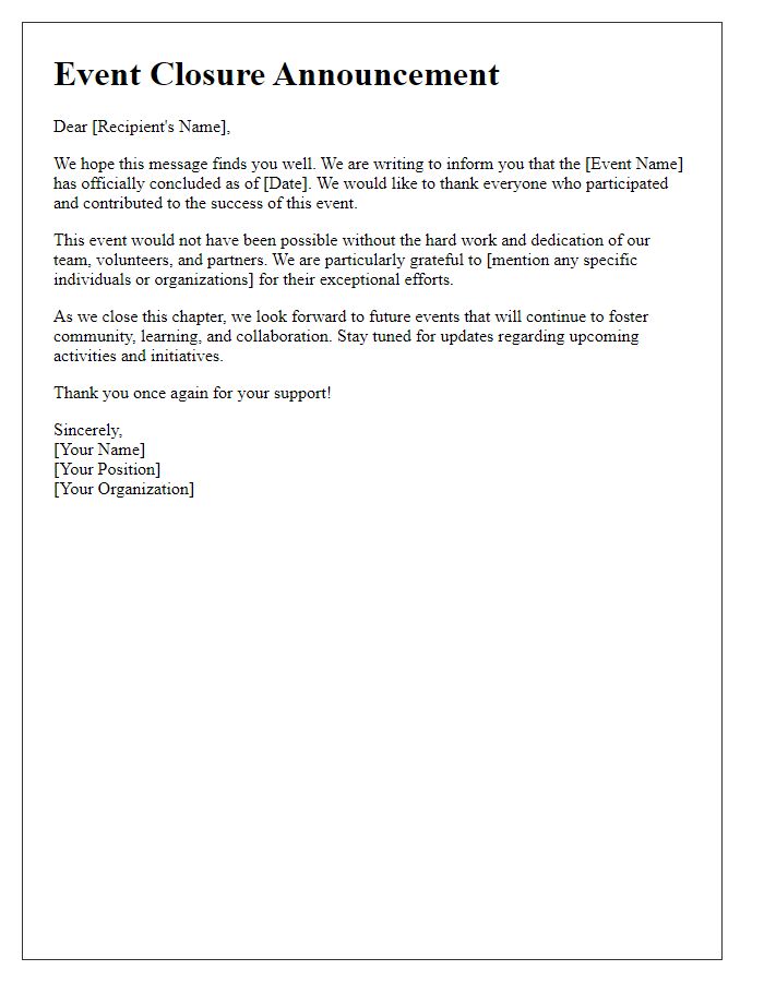 Letter template of event closure announcement and recognition