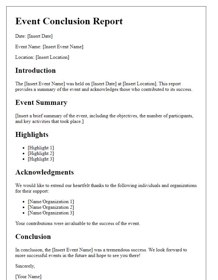 Letter template of event conclusion report and acknowledgments