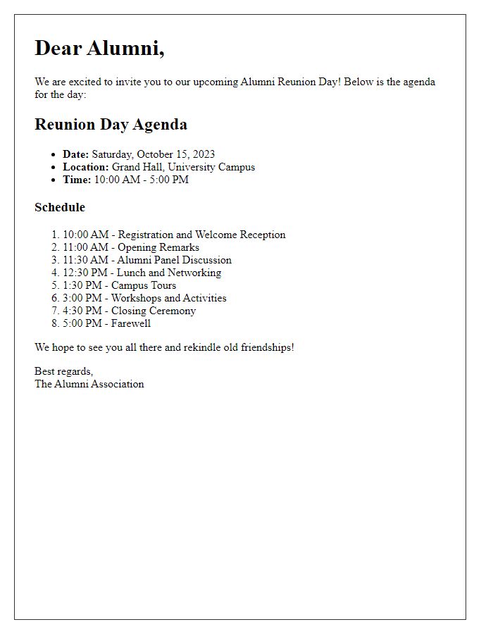 Letter template of agenda for alumni reunion day