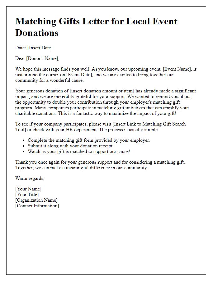 Letter template of matching gifts for local event donations