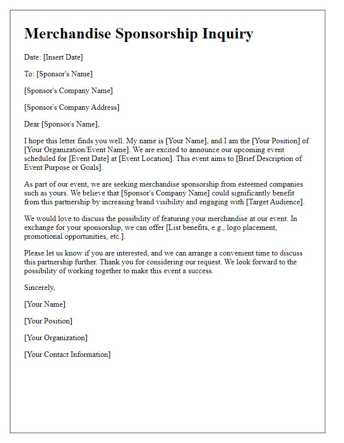 Letter template of merchandise sponsorship inquiry for upcoming event.