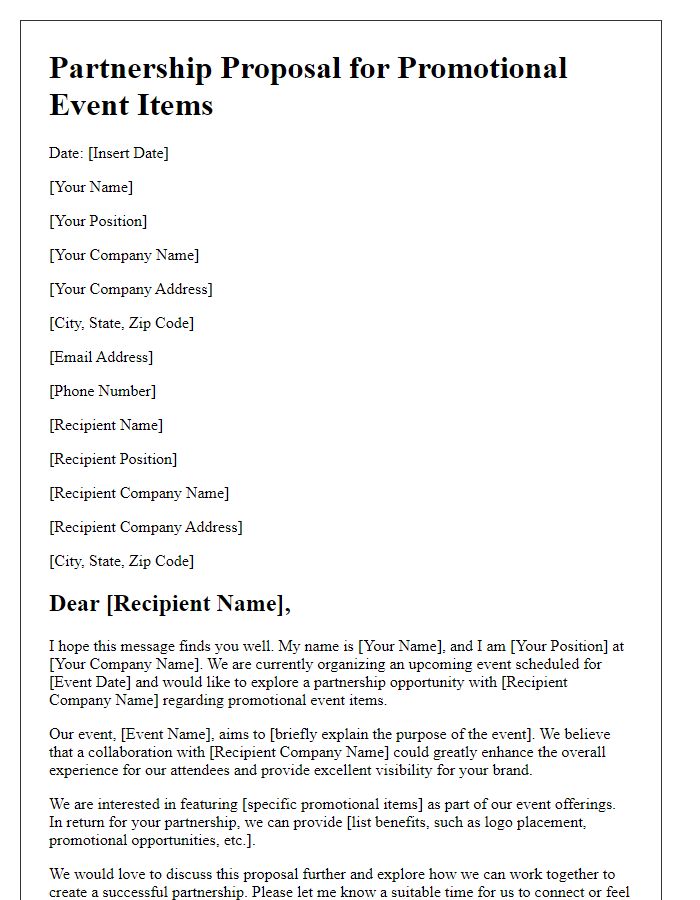 Letter template of partnership proposal for promotional event items.