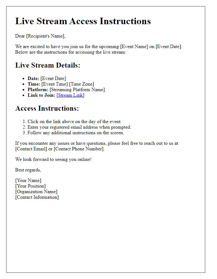 Letter template of event live stream access instructions