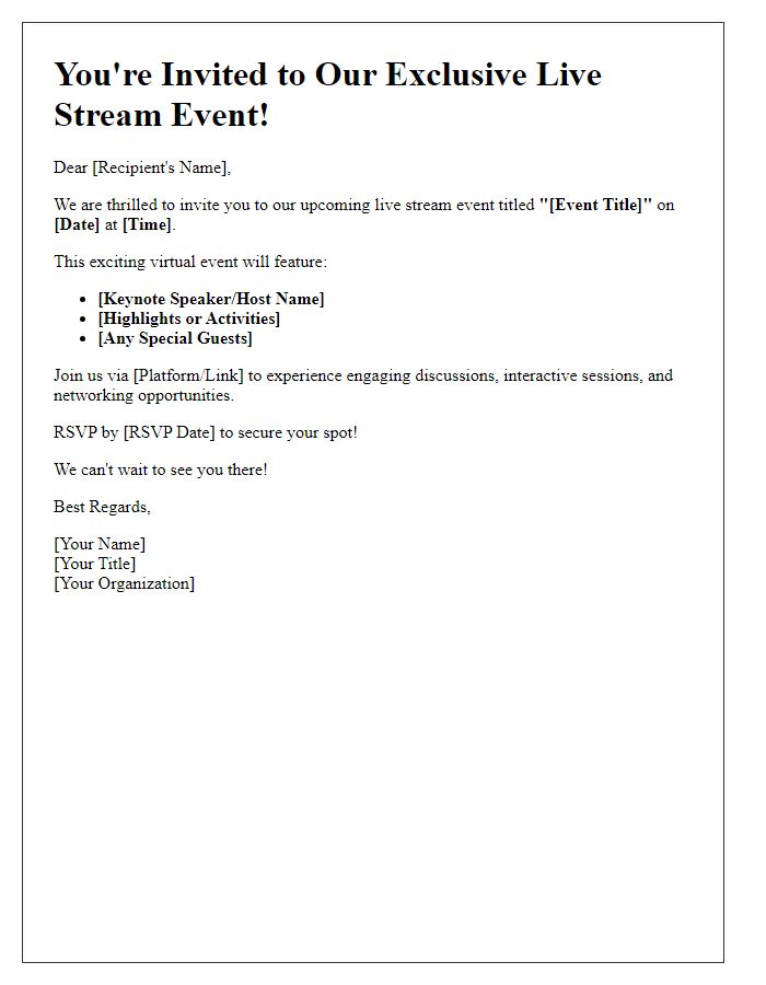 Letter template of live stream invitation for virtual event