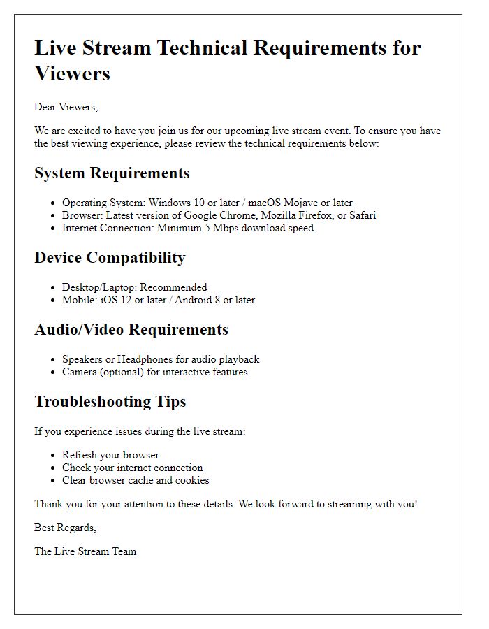 Letter template of live stream technical requirements for viewers