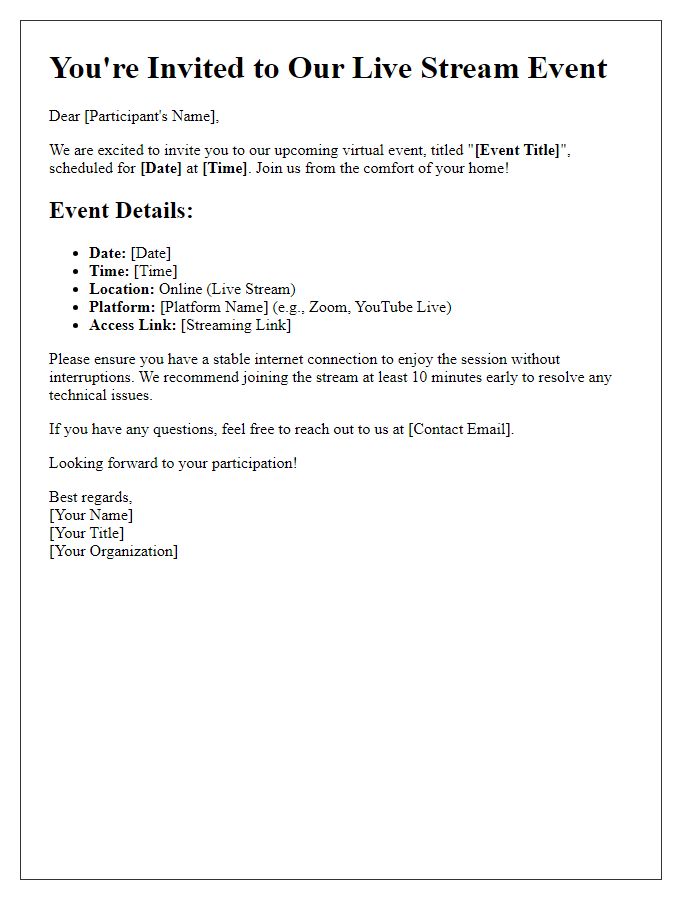 Letter template of virtual event participation details via live stream