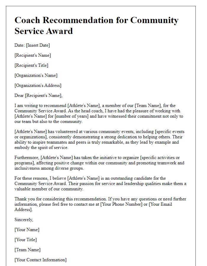 Letter template of a sports team coach recommendation for a community service award.