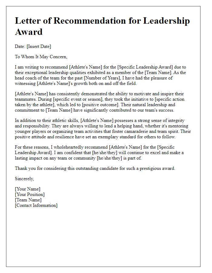 Letter template of a sports team coach recommendation for a leadership award.