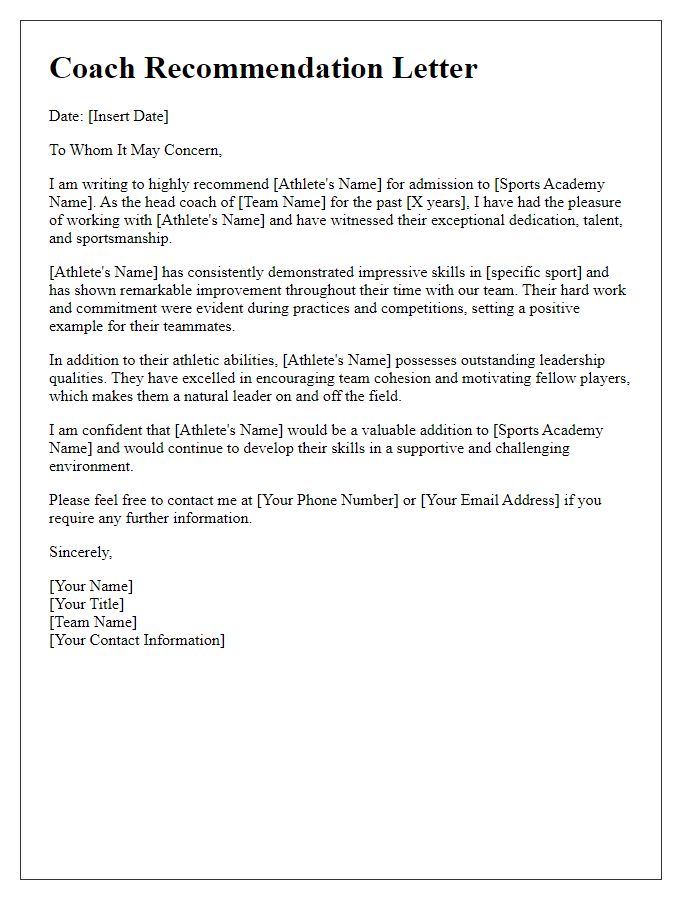 Letter template of a sports team coach recommendation for a sports academy application.