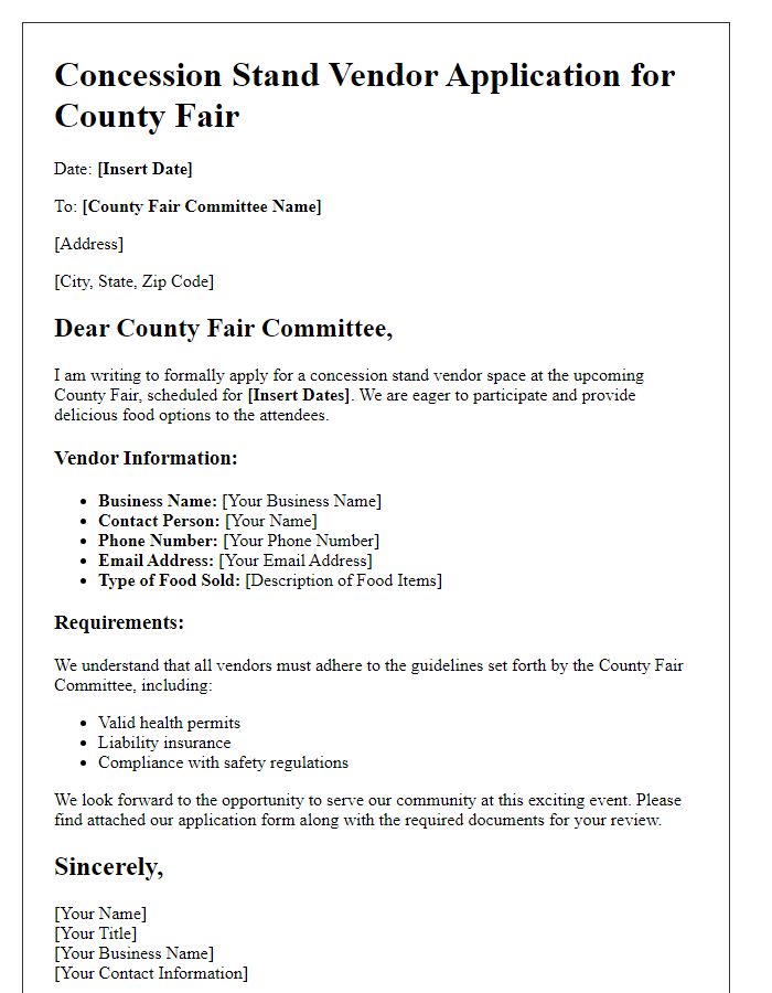 Letter template of Concession Stand Vendor Application for County Fair