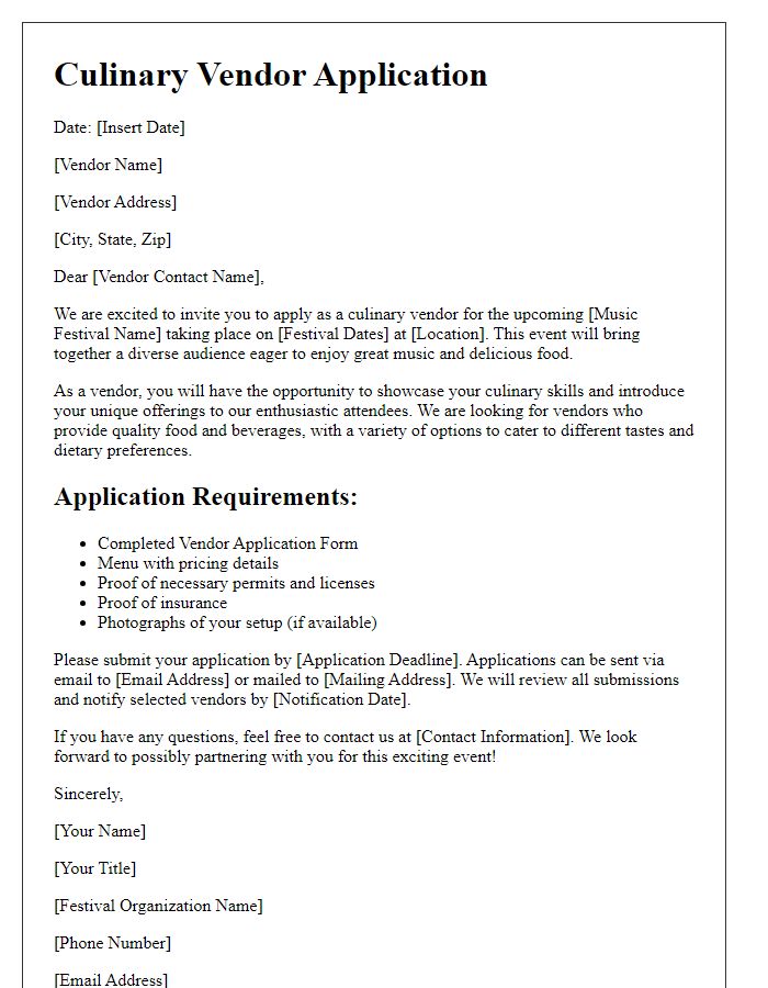 Letter template of Culinary Vendor Application for Music Festival