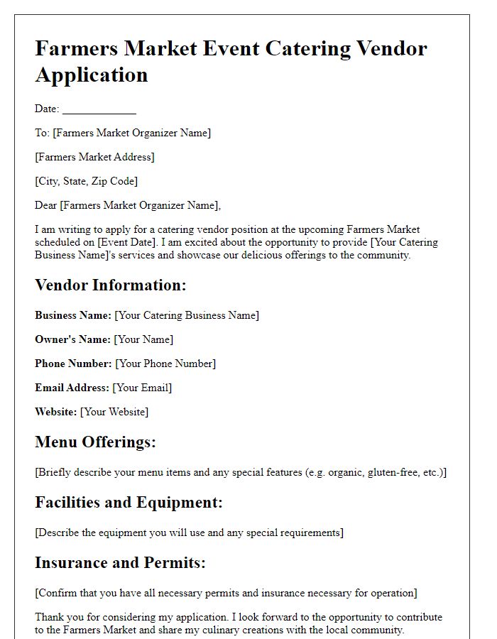 Letter template of Event Catering Vendor Application for Farmers Market