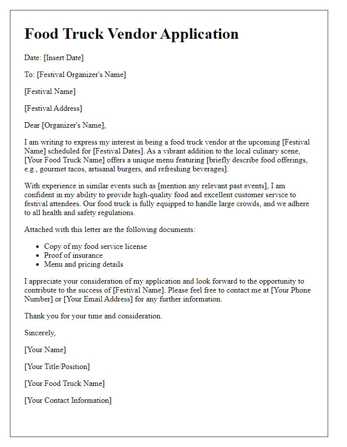 Letter template of Food Truck Vendor Application for Local Arts Festival