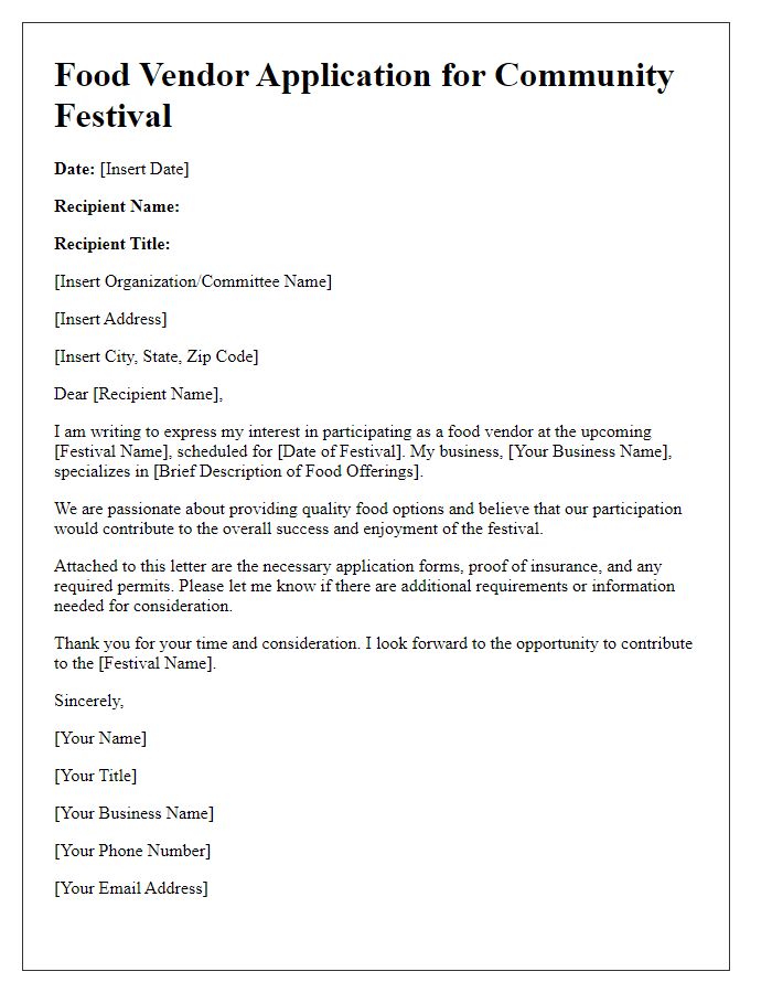 Letter template of Food Vendor Application for Community Festival