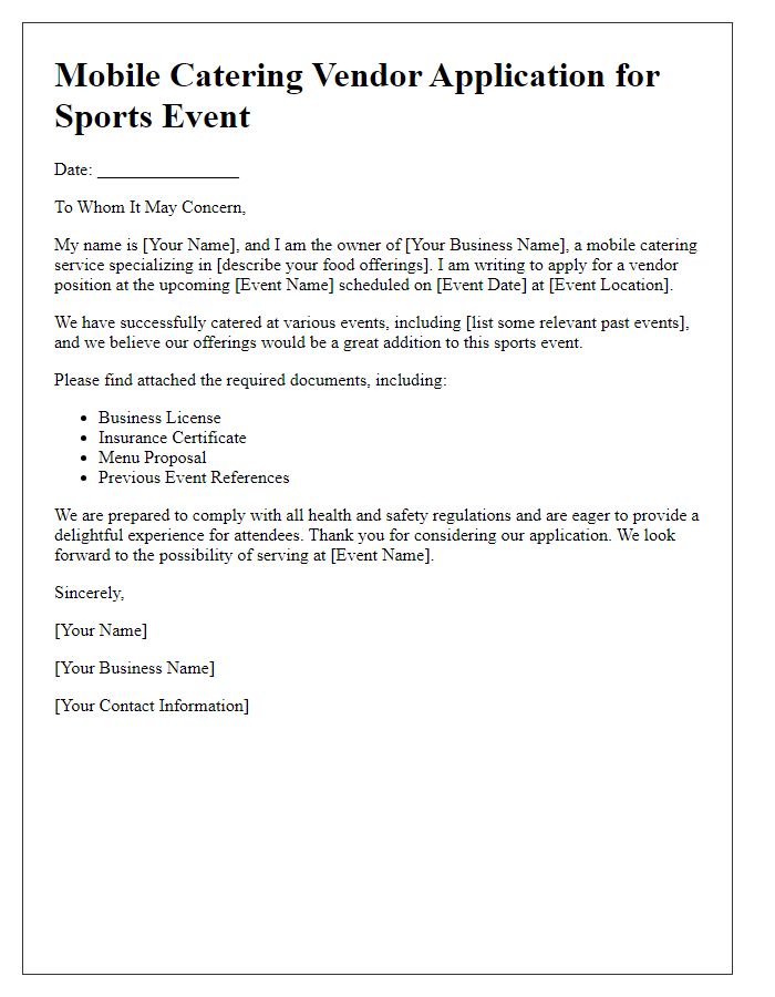 Letter template of Mobile Catering Vendor Application for Sports Event