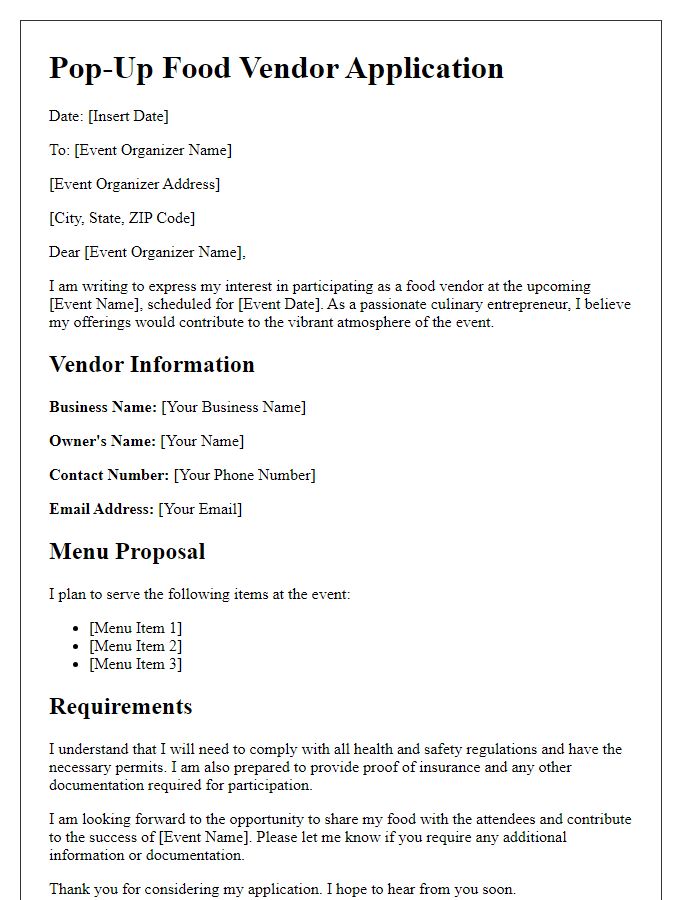 Letter template of Pop-Up Food Vendor Application for Seasonal Event