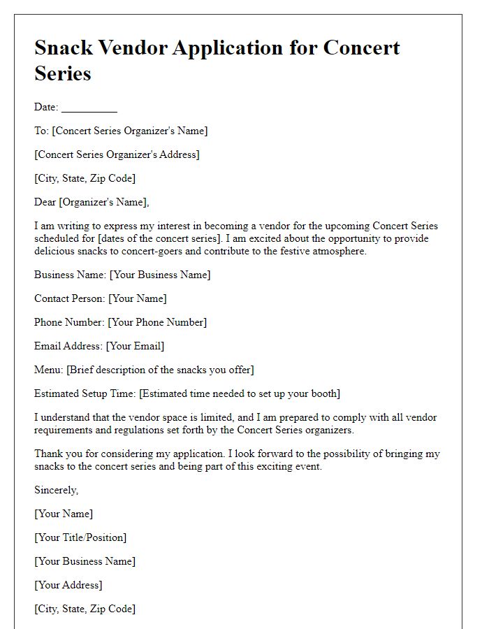 Letter template of Snack Vendor Application for Concert Series