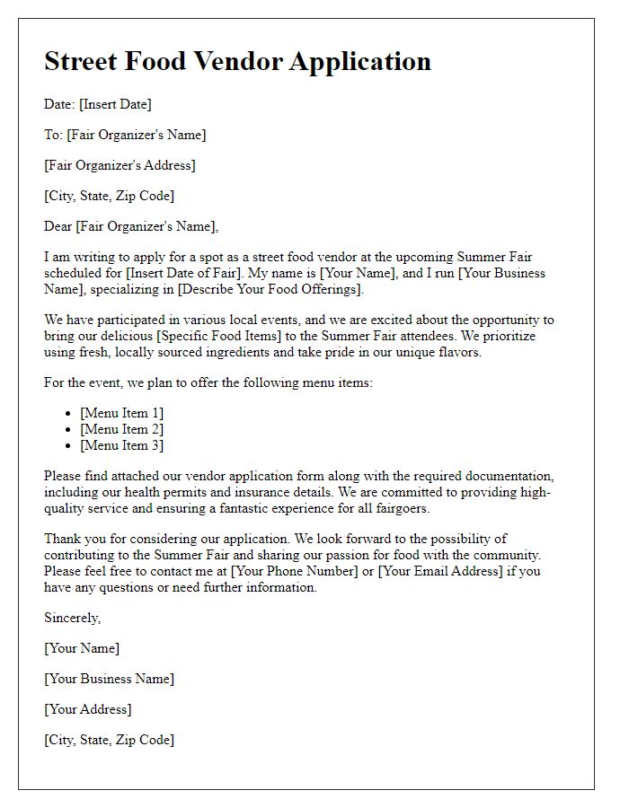 Letter template of Street Food Vendor Application for Summer Fair