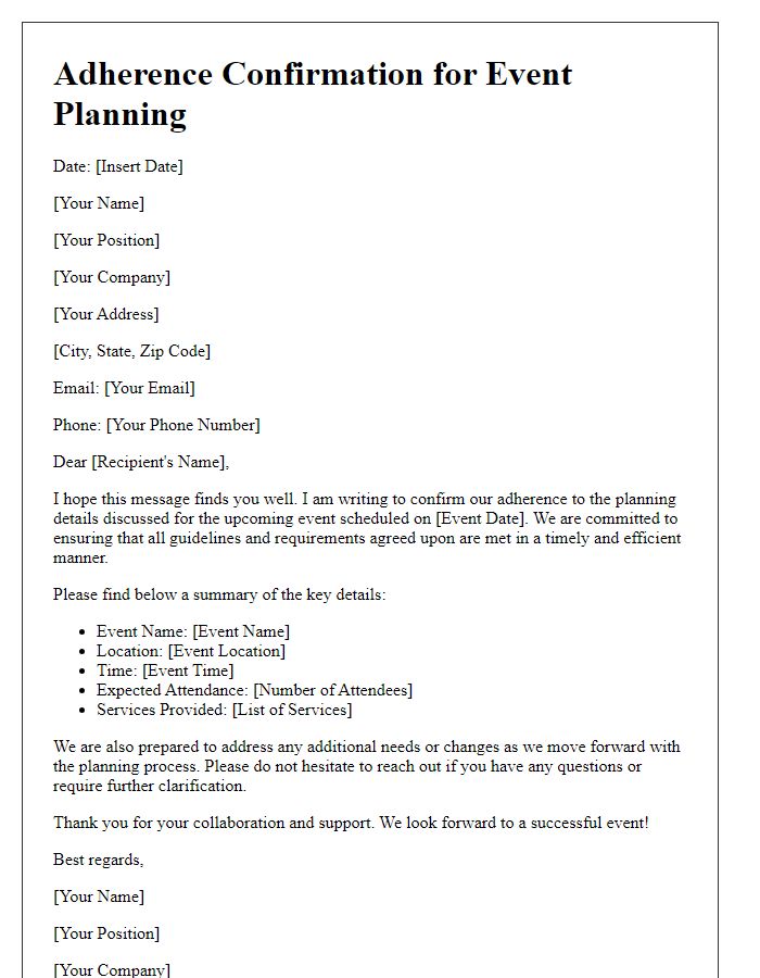 Letter template of adherence confirmation for event planning