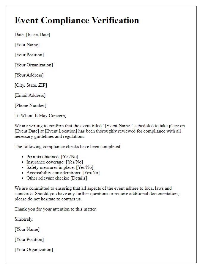 Letter template of event compliance verification