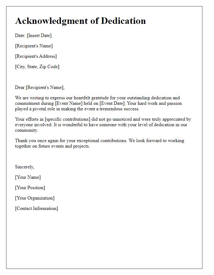 Letter template of Acknowledgment for Dedication in Events