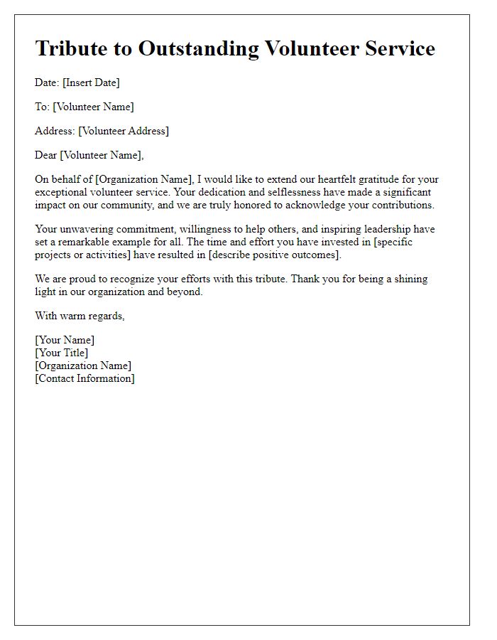 Letter template of Tribute to Outstanding Volunteer Service