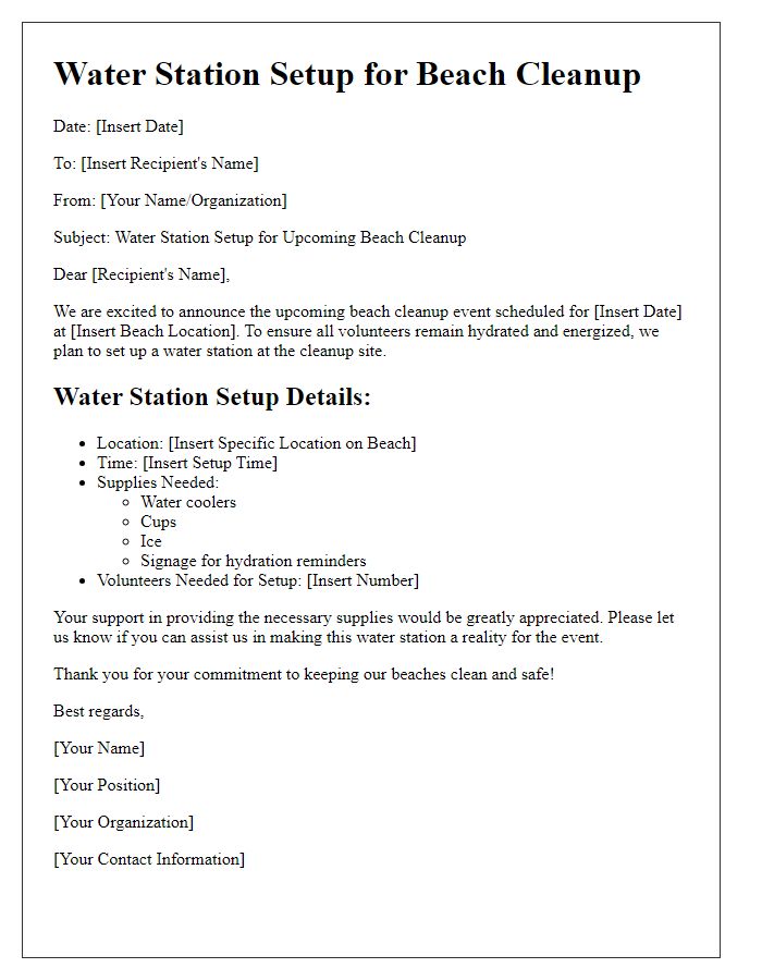 Letter template of water station setup for beach cleanup.