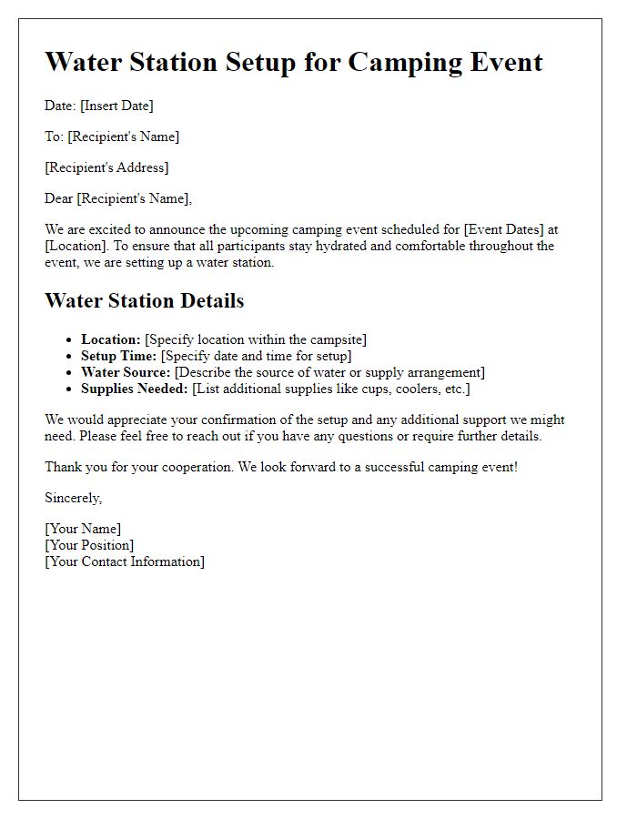 Letter template of water station setup for camping event.