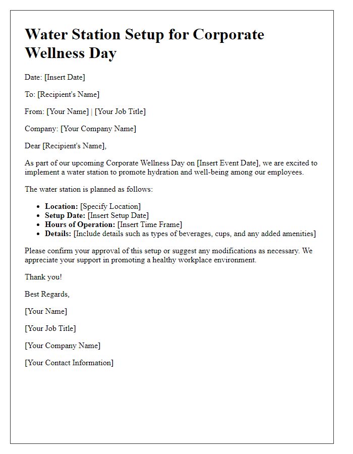 Letter template of water station setup for corporate wellness day.