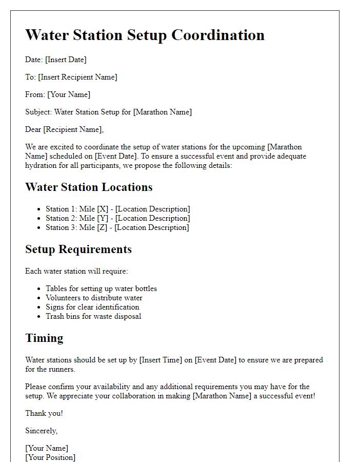 Letter template of water station setup for marathon coordination.