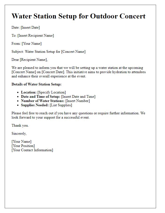 Letter template of water station setup for outdoor concert.