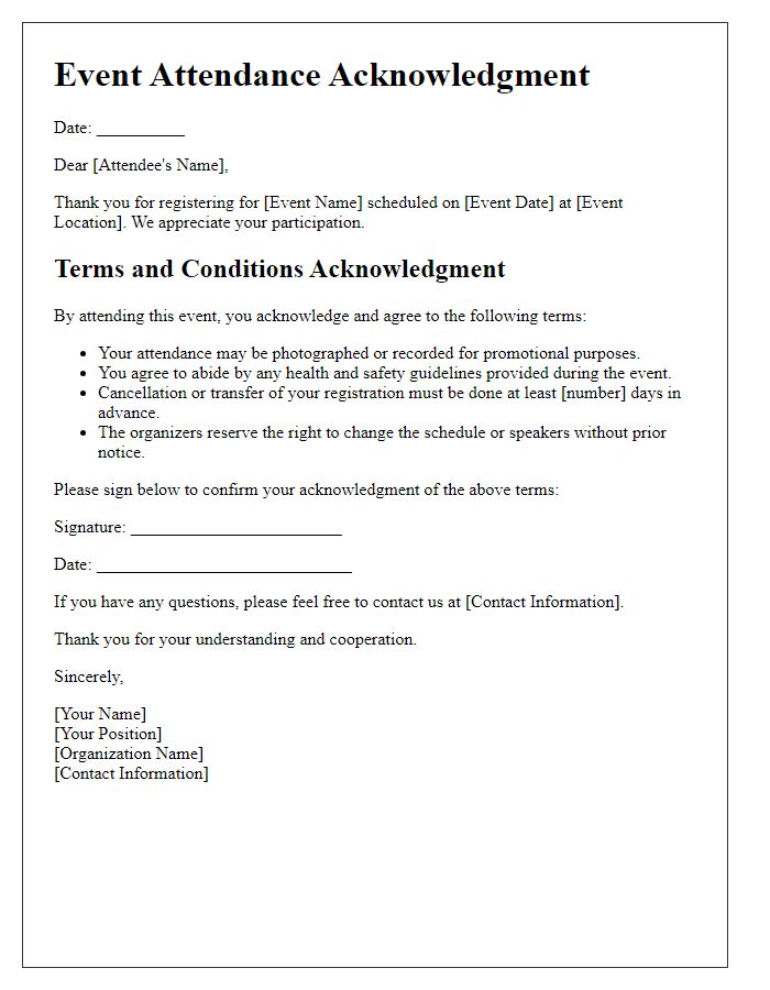 Letter template of acknowledgment of terms for event attendees