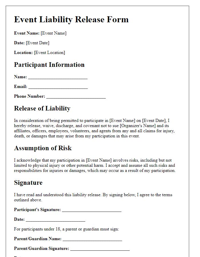 Letter template of event liability release for participants