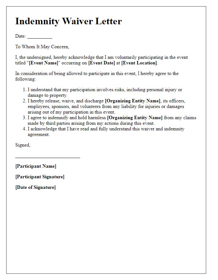 Letter template of indemnity waiver for event participants