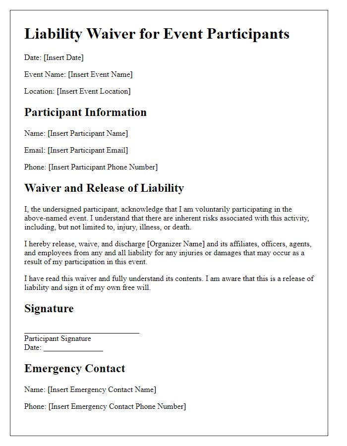 Letter template of liability waiver for event participants