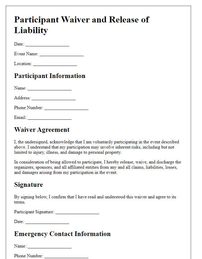 Letter template of participant waiver for event attendees