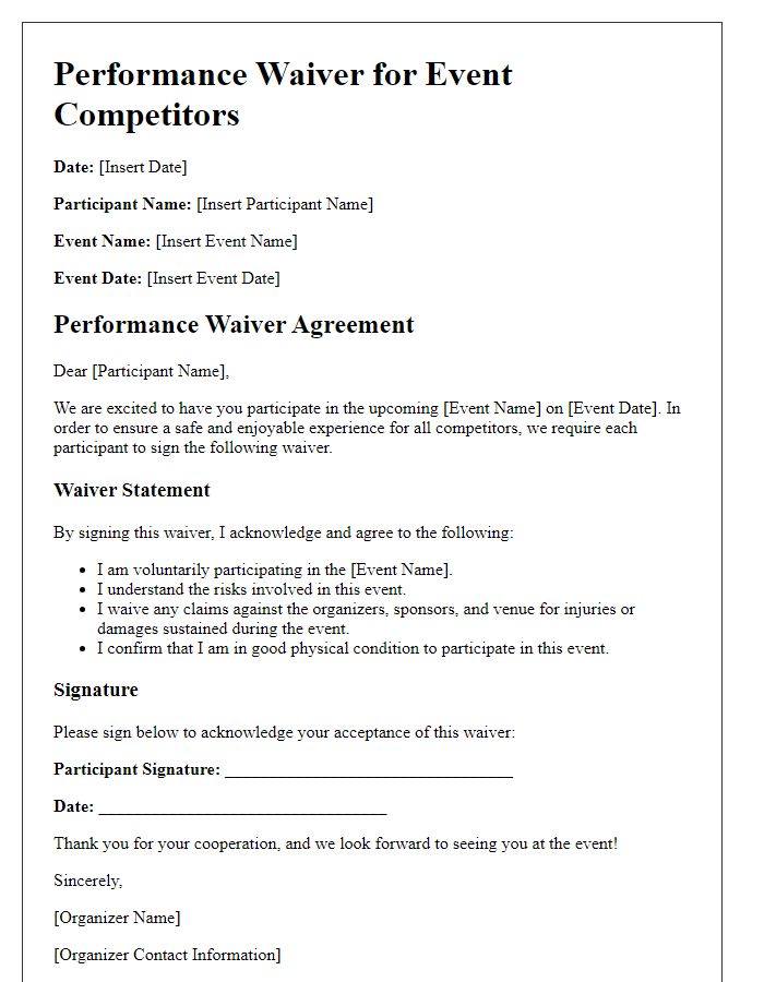 Letter template of performance waiver for event competitors