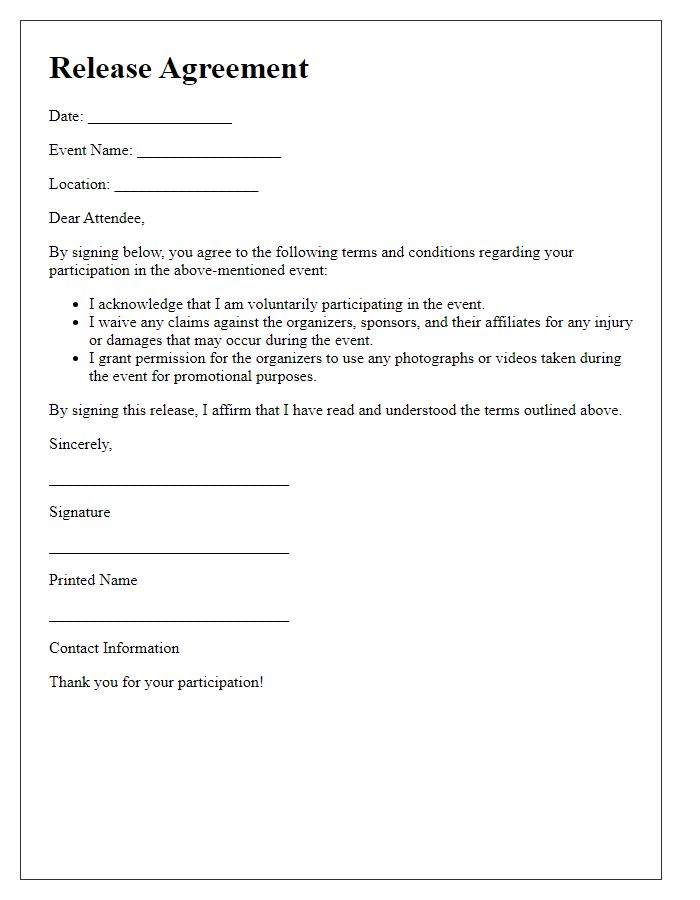 Letter template of release agreement for event attendees